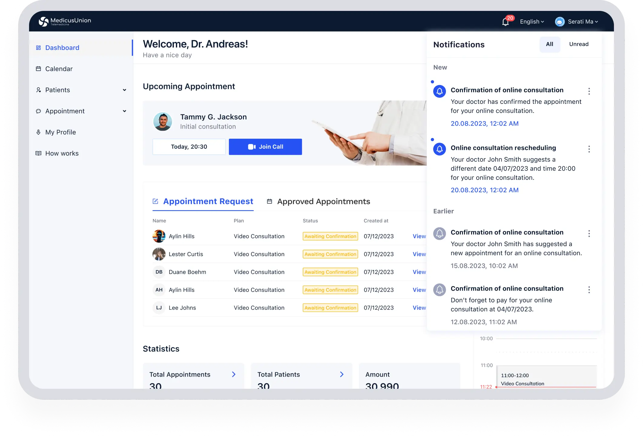 An dashboard, providing real-time updates and notifications for scheduled appointments.